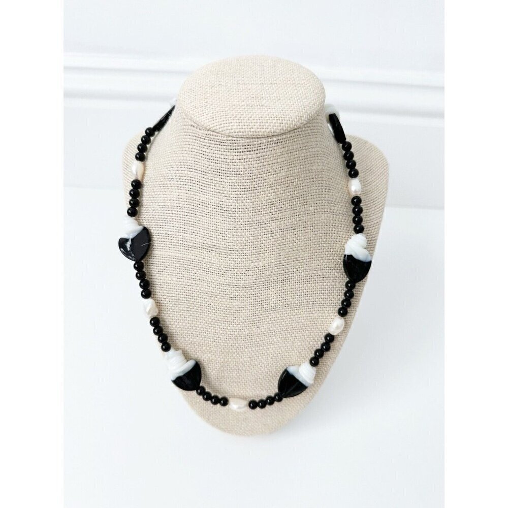 NWT Genuine Onyx, Pearls & Lampwork Glass Necklace Beaded Black White